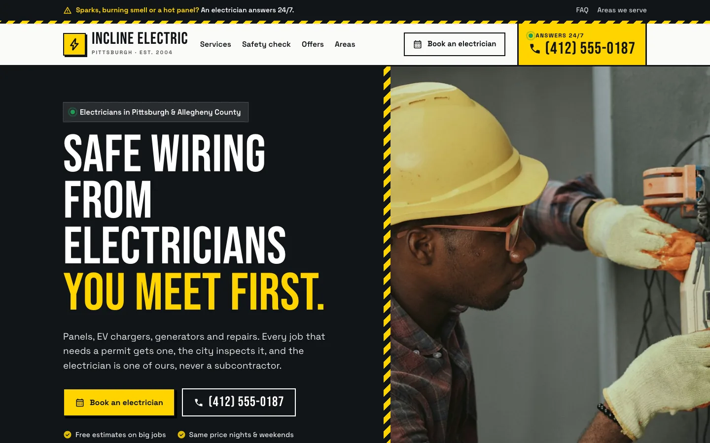 Live Wire template on desktop: the Incline Electric demo site