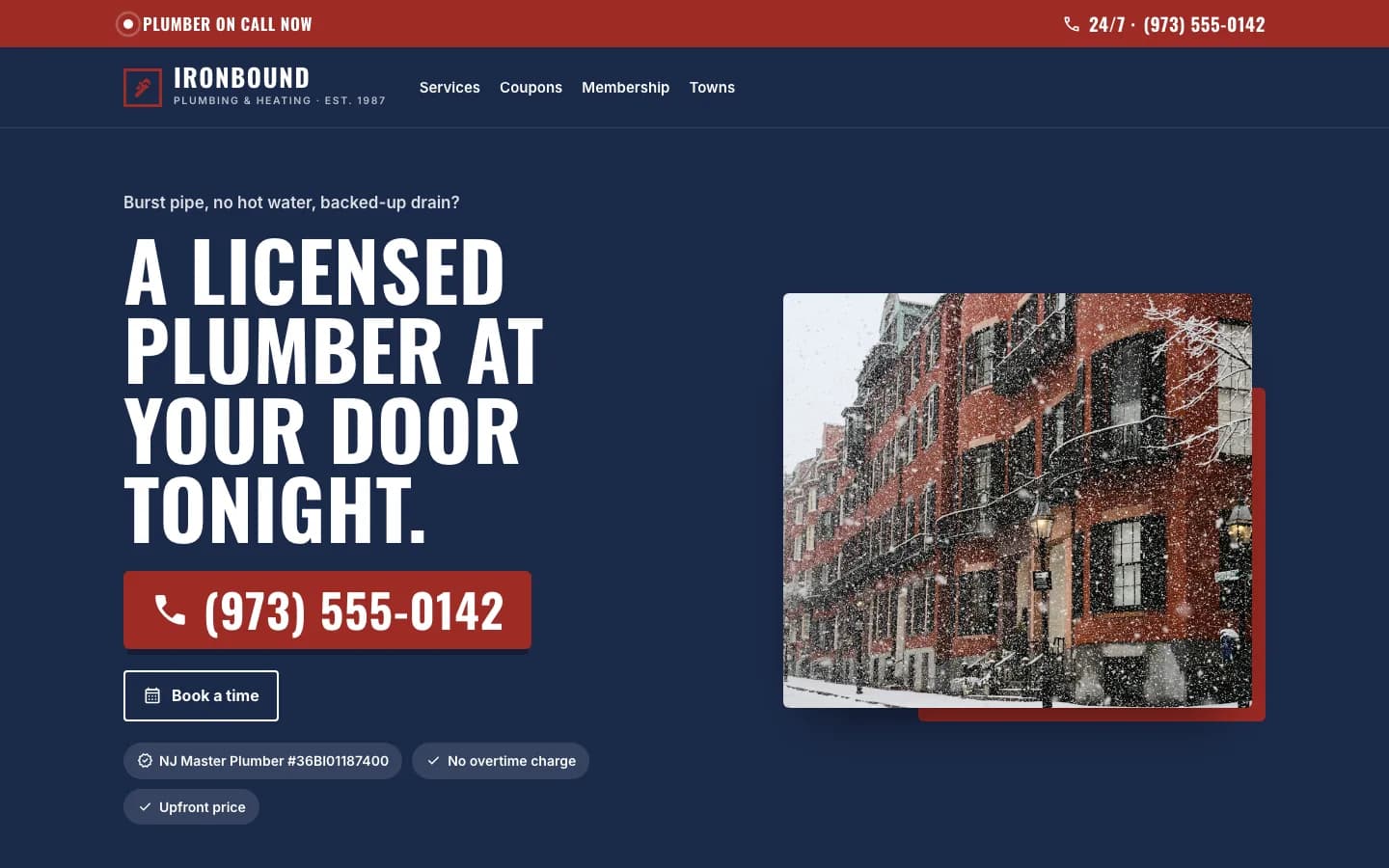 Ironbound template on desktop: the Ironbound Plumbing & Heating demo site