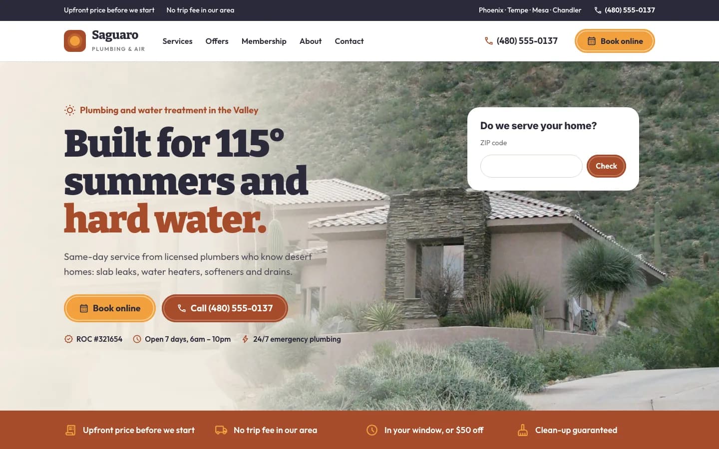 Mesa template on desktop: the Saguaro Plumbing & Air demo site