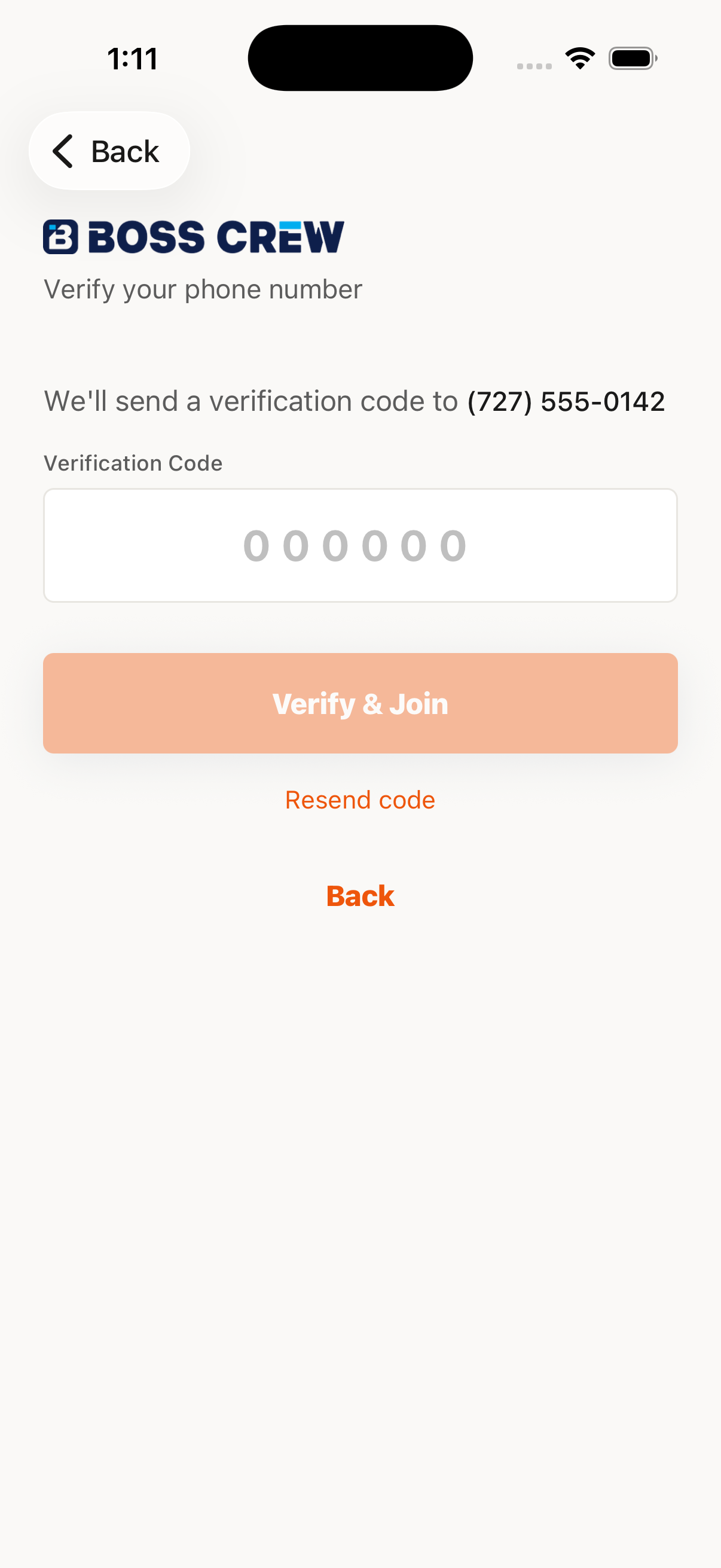 BossCrew mobile app after tapping Send Verification Code: verification code entry